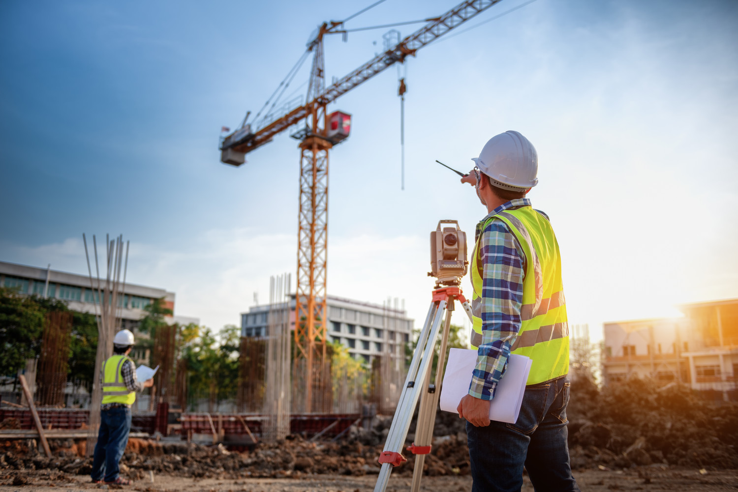 Surveyor,Equipment.,Surveyors,Telescope,At,Construction,Site,Or,Surveying,For