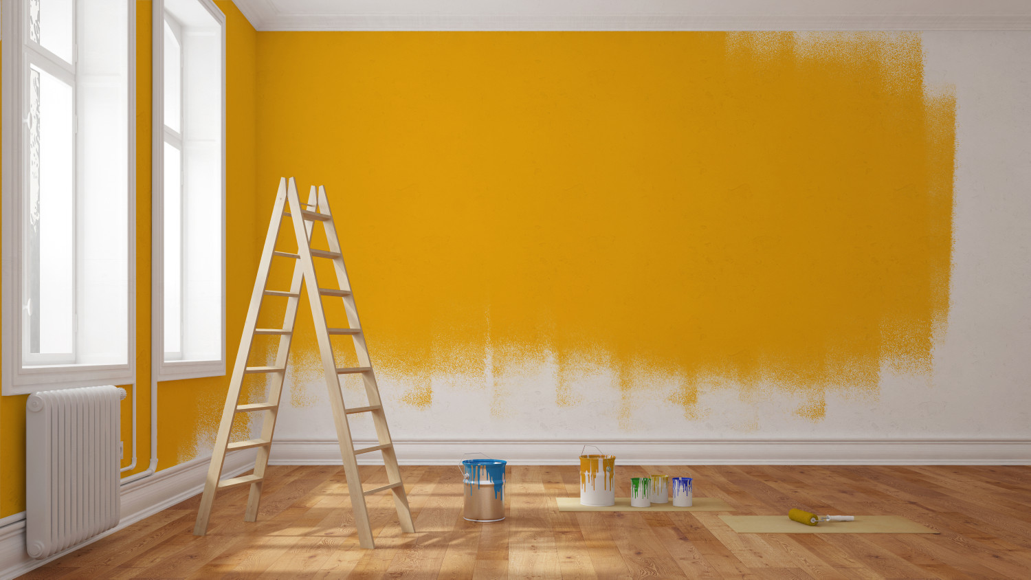 Painting,Wall,Yellow,In,Room,Of,Apartment,After,Relocation,(3d